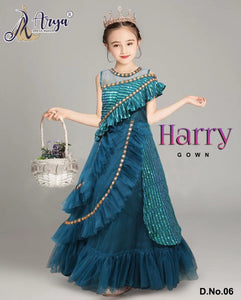 Teal Blue  shade Harry Party Wear Gown For Kids-ARYA001BT