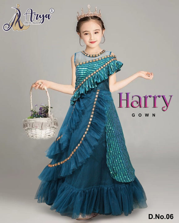 Teal Blue  shade Harry Party Wear Gown For Kids-ARYA001BT