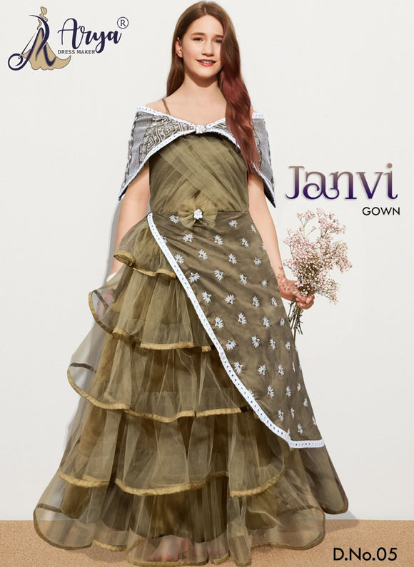 Janvi , Olive Green  shade elegant Designer Gown for Girls-ARYA001GJE