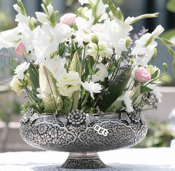 Aradhana , Antique Finish German Silver Urli /Flower Vase with special Nakashi Work-SILI001NW