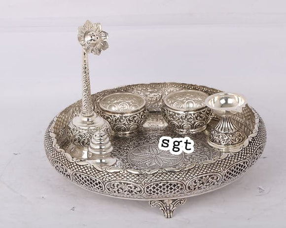 Prasannakshi , Impressive Full Set Antique Finish German Silver Washable Extra Big Size Puja Thali-SILI001EX
