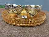 Meenamma , Full Set impressive Antique Finish German Silver Nakashi Kumkum Bowls with Gold finish Round Tray-SILI001KMT
