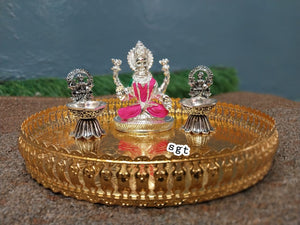 Full Set German Silver Tray with Pure Silver coated Maha Lakshmi idol and antique finish  Gajalakshmi  Kamakshi  Diyas-SILI001PCC