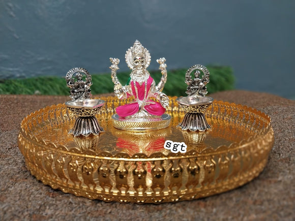 Full Set German Silver Tray with Pure Silver coated Maha Lakshmi idol and antique finish  Gajalakshmi  Kamakshi  Diyas-SILI001PCC