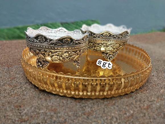 Meenamma , Full Set impressive Antique Finish German Silver Nakashi Kumkum Bowls with Gold finish Round Tray-SILI001KMT