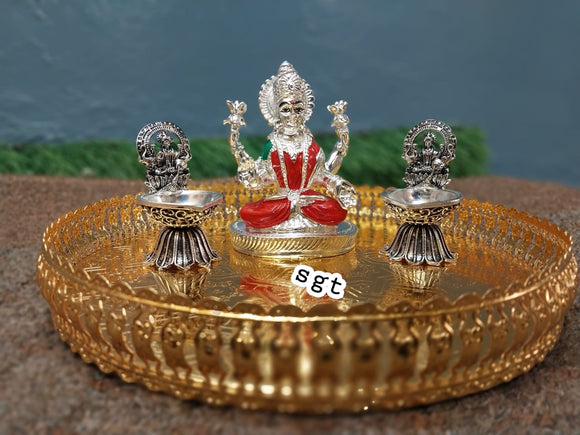 Full Set German Silver Tray with Pure Silver coated Maha Lakshmi idol and antique finish  Gajalakshmi  Kamakshi  Diyas-SILI001PCB