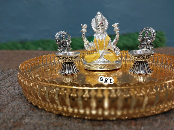 Full Set German Silver Tray with Pure Silver coated Maha Lakshmi idol and antique finish  Gajalakshmi  Kamakshi  Diyas-SILI001PCA