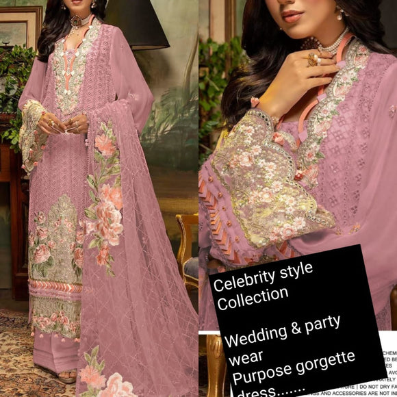 Onion Pink  shade Celebrity Style Party wear Georgette salwar suit material for women -FOF001SSMOP