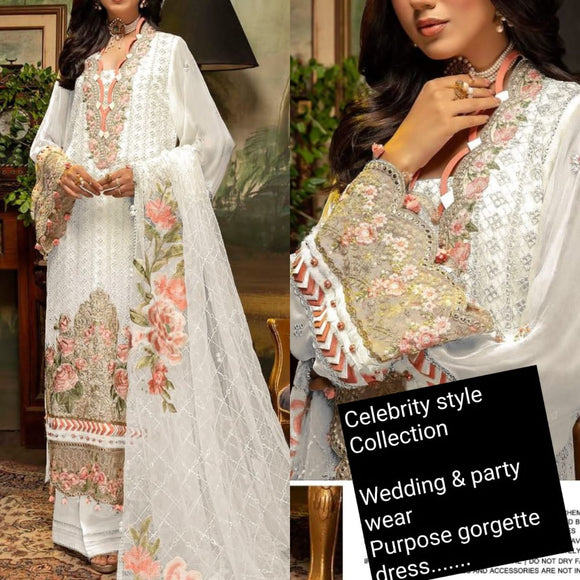 White  shade Celebrity Style Party wear Georgette salwar suit material for women -FOF001SSMW