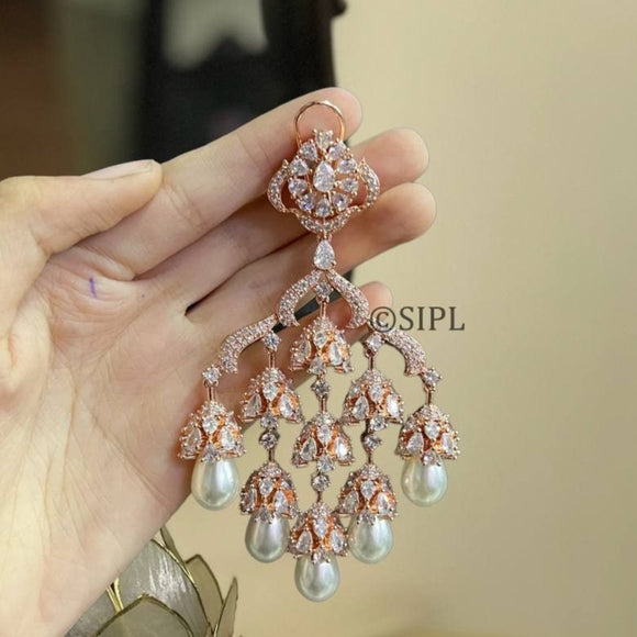 Pearlie , elegant Rose Gold Finish White stone studded dangling earrings for women -SANDY001RG