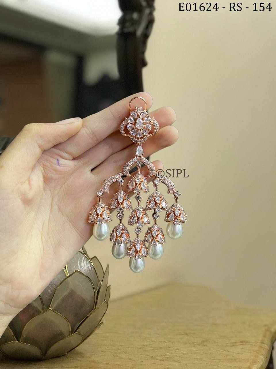 Pearlie elegant Rose Gold Finish White stone studded dangling earrings for women -SANDY001RG