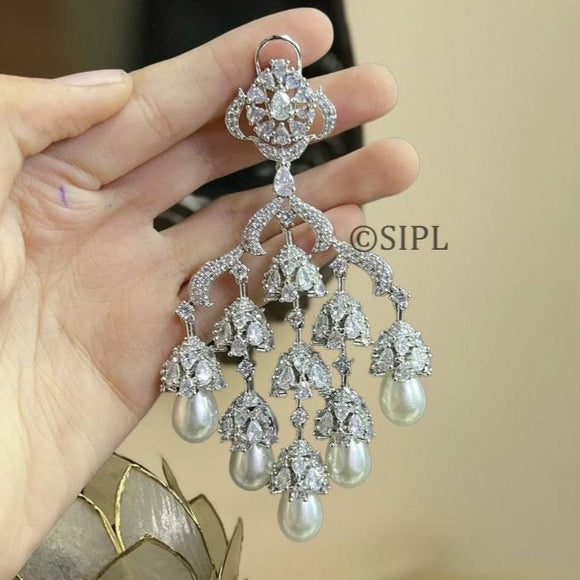 Pearlie , elegant  platinum  Finish White stone studded dangling earrings for women -SANDY001P