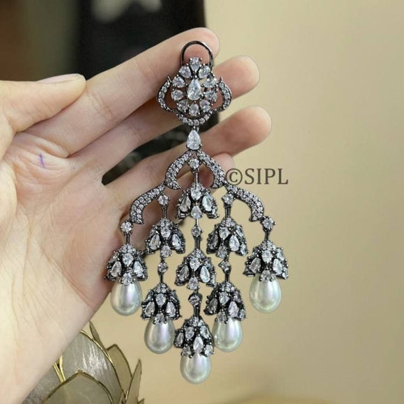 Pearlie , elegant Black  Gold Finish White stone studded dangling earrings for women -SANDY001BG