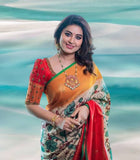 South Indian Celebrity Sneha inspired  Gadwal Pattu Saree with Floral Print and Ganga Jamuna Border-RG001SS