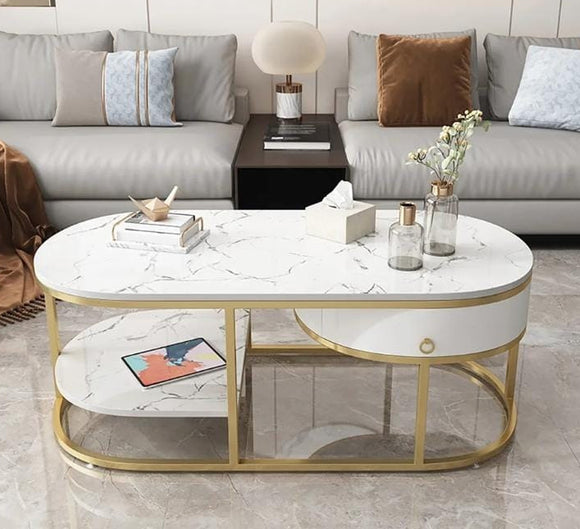 Elegant Gold Finish Stainless Steel Double Marble Drawer Table -MK001DMD