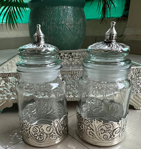 Set of 2 , Glass jars with German Silver Work  on bottom and top-GRIH001GSJ