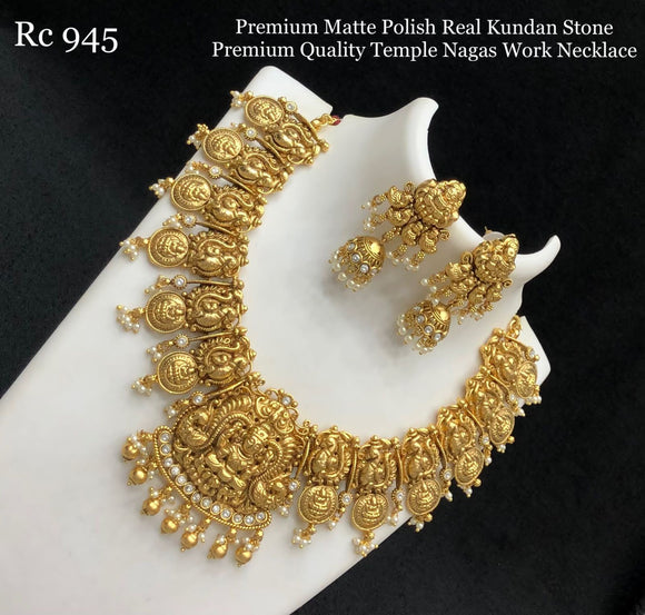 Premium Quality Matte Polish Real Kundan Stone Temple Ngas Work Necklace set for women -LR001MWNS