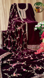 Grape wine  Velvet embroidered Salwar suit material for women -RIDA001VSP