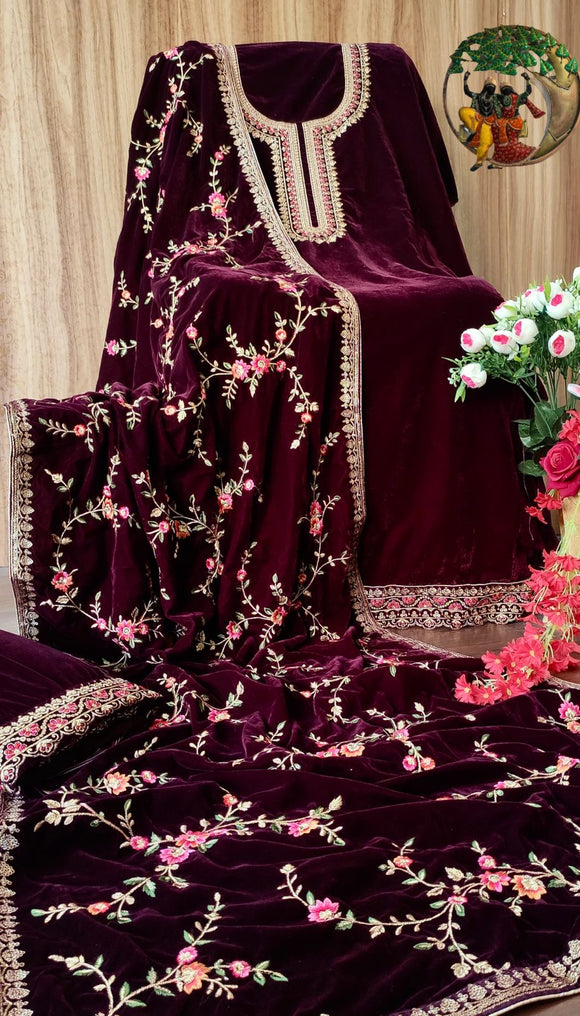 Grape wine  Velvet embroidered Salwar suit material for women -RIDA001VSP