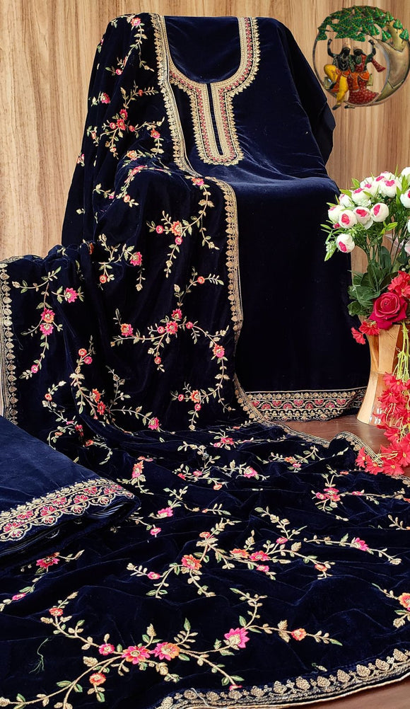 Deep Blue  Velvet embroidered Salwar suit material for women -RIDA001VSB