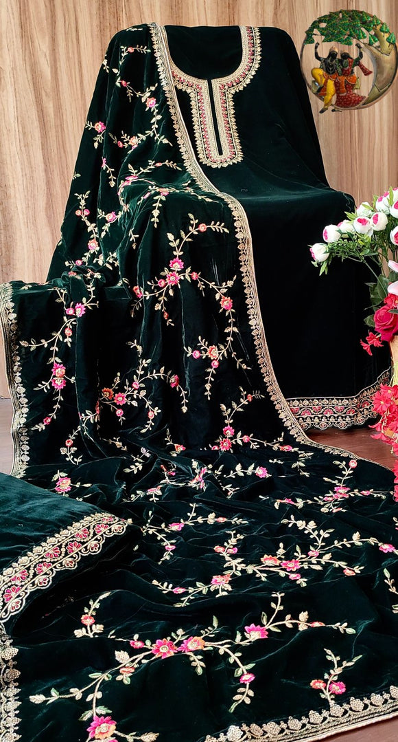 Green Velvet embroidered Salwar suit material for women -RIDA001VSG