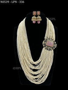 Pink Beauty, elegant Pink Carved Stone pendant Pearl Necklace Set for Women-SANDY001PNSP