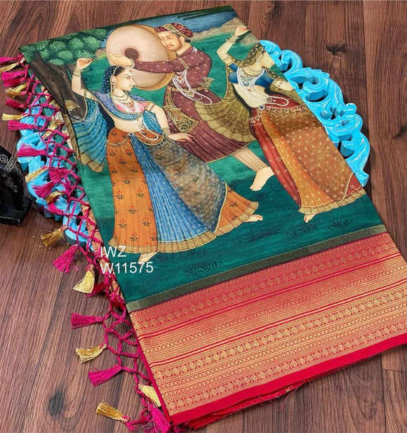 Specially Handcrafted  Rich Kathan Dupion Pattu saree With all over digital prints dancing ladies like art -LORD001S