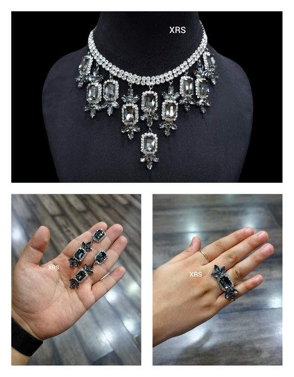 Grey Shade Mahira Sharma inspired Stone studded  Necklace with Earrings and Ring set -RS001MSG