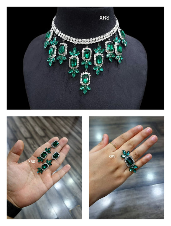 Teal Green Shade Mahira Sharma inspired Stone studded  Necklace with Earrings and Ring set -RS001MTG