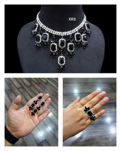 Black  Shade Mahira Sharma inspired Stone studded  Necklace with Earrings and Ring set -RS001BL
