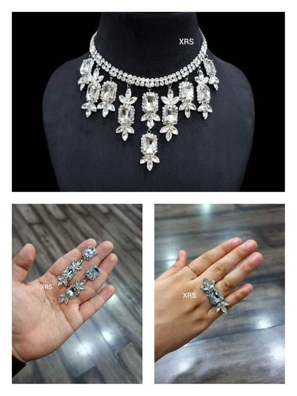White   Shade Mahira Sharma inspired Stone studded  Necklace with Earrings and Ring set -RS001W