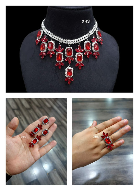 Red  Shade Mahira Sharma inspired Stone studded  Necklace with Earrings and Ring set -RS001R
