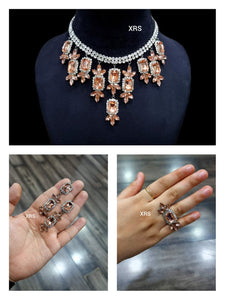 Peach  Shade Mahira Sharma inspired Stone studded  Necklace with Earrings and Ring set -RS001P