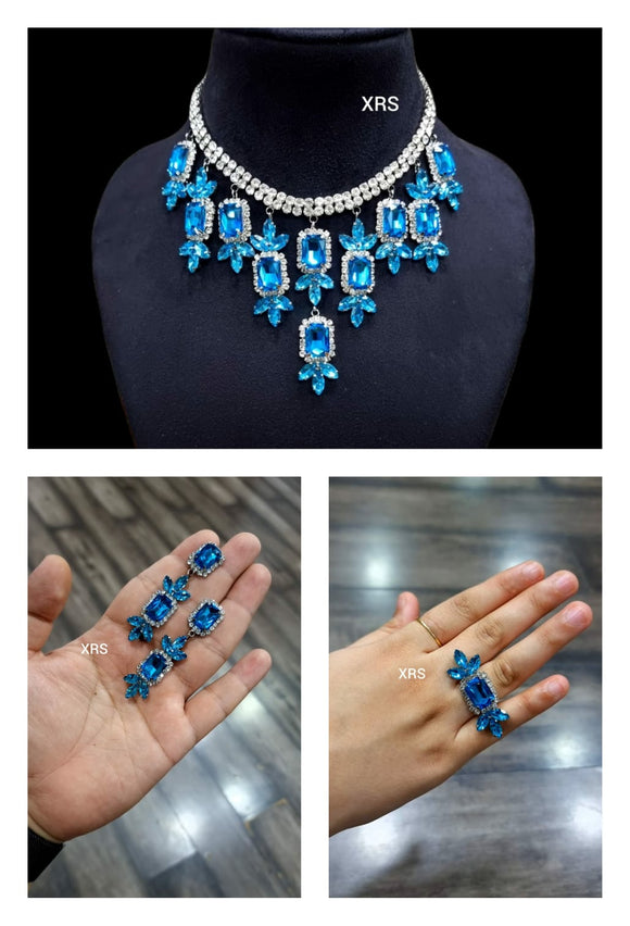 Happy Blue  Shade Mahira Sharma inspired Stone studded  Necklace with Earrings and Ring set -RS001HB