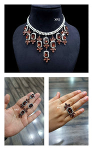 Brown  Shade Mahira Sharma inspired Stone studded  Necklace with Earrings and Ring set -RS001BR