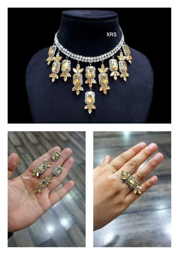 Golden  Shade Mahira Sharma inspired Stone studded  Necklace with Earrings and Ring set -RS001GL