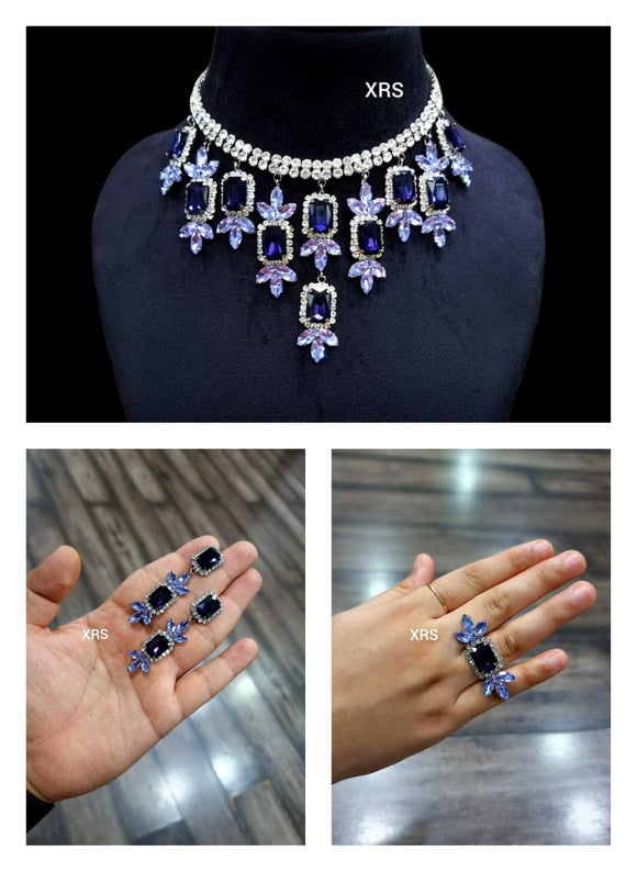 Deep Blue  Shade Mahira Sharma inspired Stone studded  Necklace with Earrings and Ring set -RS001DB