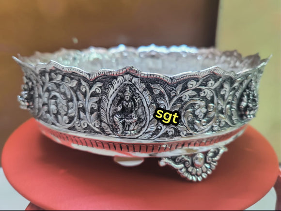 Antique Finish  German Silver Asta Lakshmi Design Plate- / Urli -SILI001AP