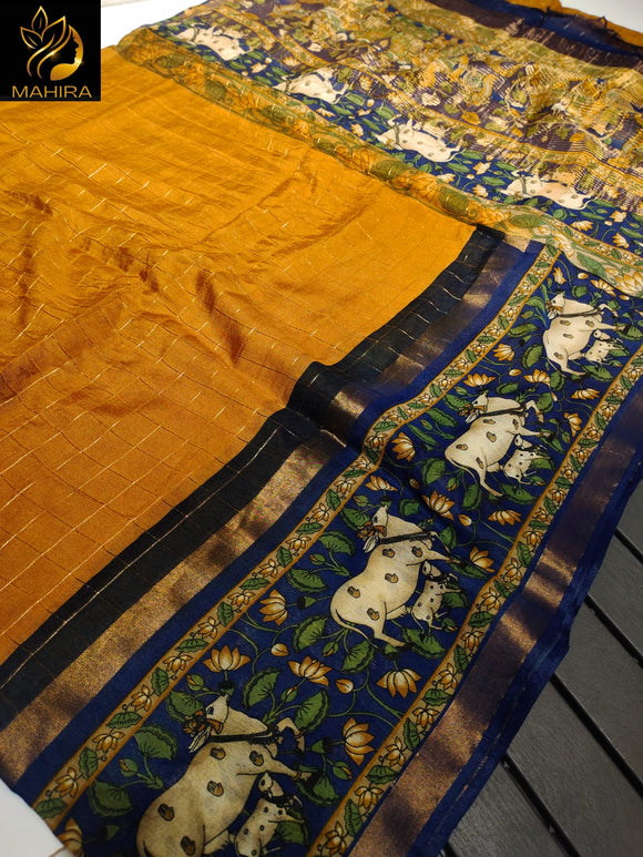 Mahira , Yellow  shade  Beautiful Linen Sari  with all over checks along with contrast Pichwai border -TREND001YS