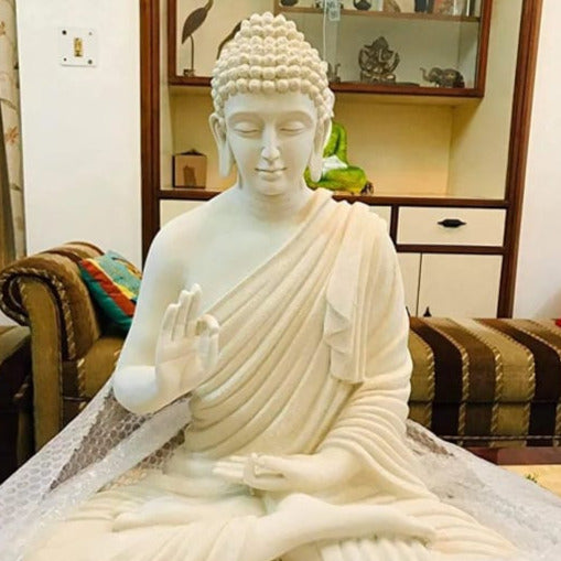 Ivory Shade Big Meditating Buddha Statue-Meditation (Ashirwad Mudra)-SKDBS001MB