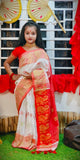 Red and White color combination Saraswati Puja Special Aam Kalka Design Saree for Kids-AMAZ001KSA