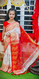 Red and White color combination Saraswati Puja Special Aam Kalka Design Saree for Kids-AMAZ001KSA