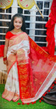 Red and White color combination Saraswati Puja Special Aam Kalka Design Saree for Kids-AMAZ001KSA