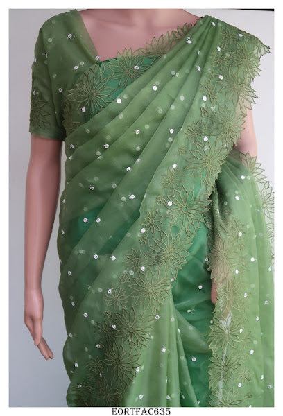 Green Alba , Green Shade Full Border Embroidery on Mirror Work Organza Saree with Blouse Piece-KIA001GO