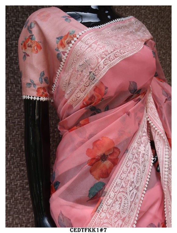 Pink  Roses , Chikankari Embroidered Digital Printed Organza Saree with Blouse Piece-KIAA001OSP