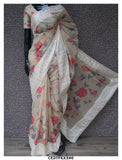 Beige  Roses , Chikankari Embroidered Digital Printed Organza Saree with Blouse Piece-KIAA001OSB