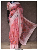Pink  Roses , Chikankari Embroidered Digital Printed Organza Saree with Blouse Piece-KIAA001OSP