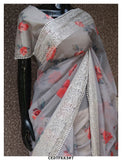 Lavender Roses , Chikankari Embroidered Digital Printed Organza Saree with Blouse Piece-KIAA001OS