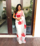 Maples Beauty , Red Maples  design White Organza Saree with Blouse-SHRI001WO