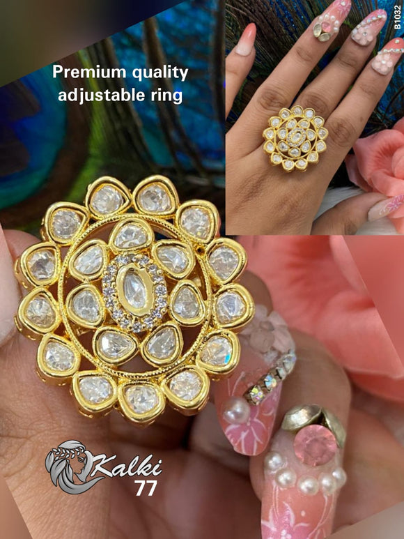 Gold Plated Green Ring with Kundan Stones and Pearls - Bevy Pearls
